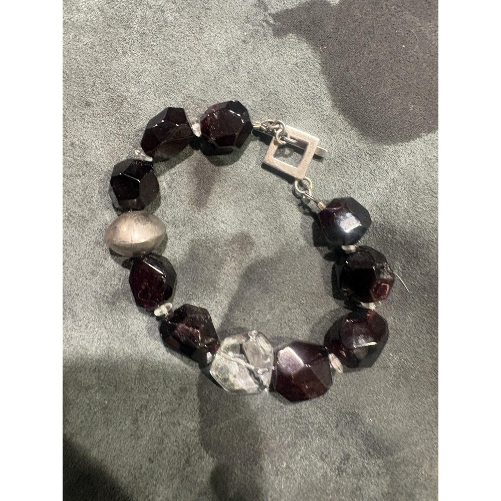Large Garnet And Quartz Chunk Bead Silver Bracelet